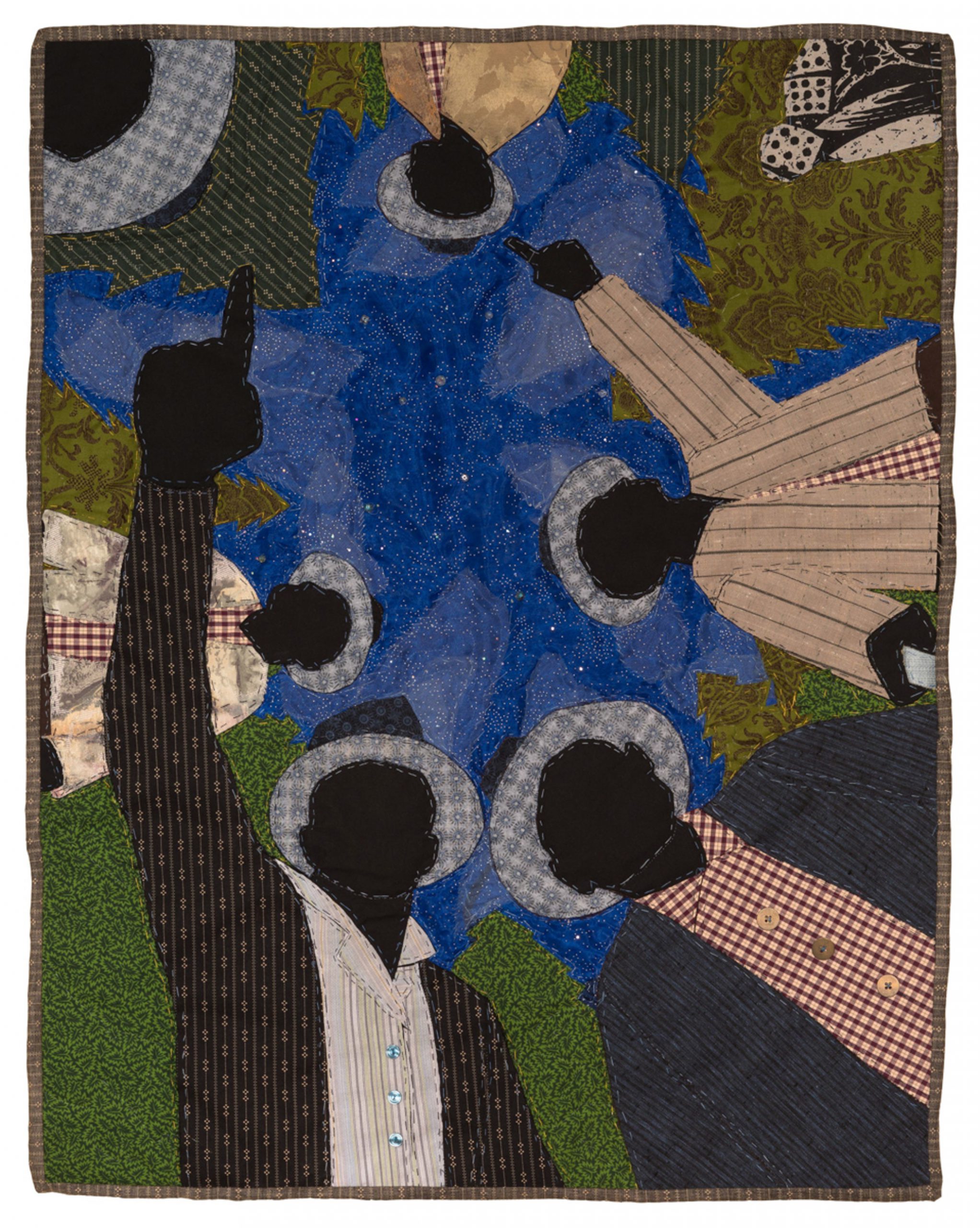 Stephen Towns, One Night at Cabin Pond, 2016. #4 de la serie Story Quilts. Tejido natural y sintético, tul de nailon, hilo de poliéster y algodón, Thermoweb, guata de mezcla de algodón / poliéster, cuentas de cristal, resina y botones metálicos. 35 x 28 1/2 pulgadas. Donación de Clair Zamoiski Segal en honor a Christopher Bedford (BMA 2018.149).