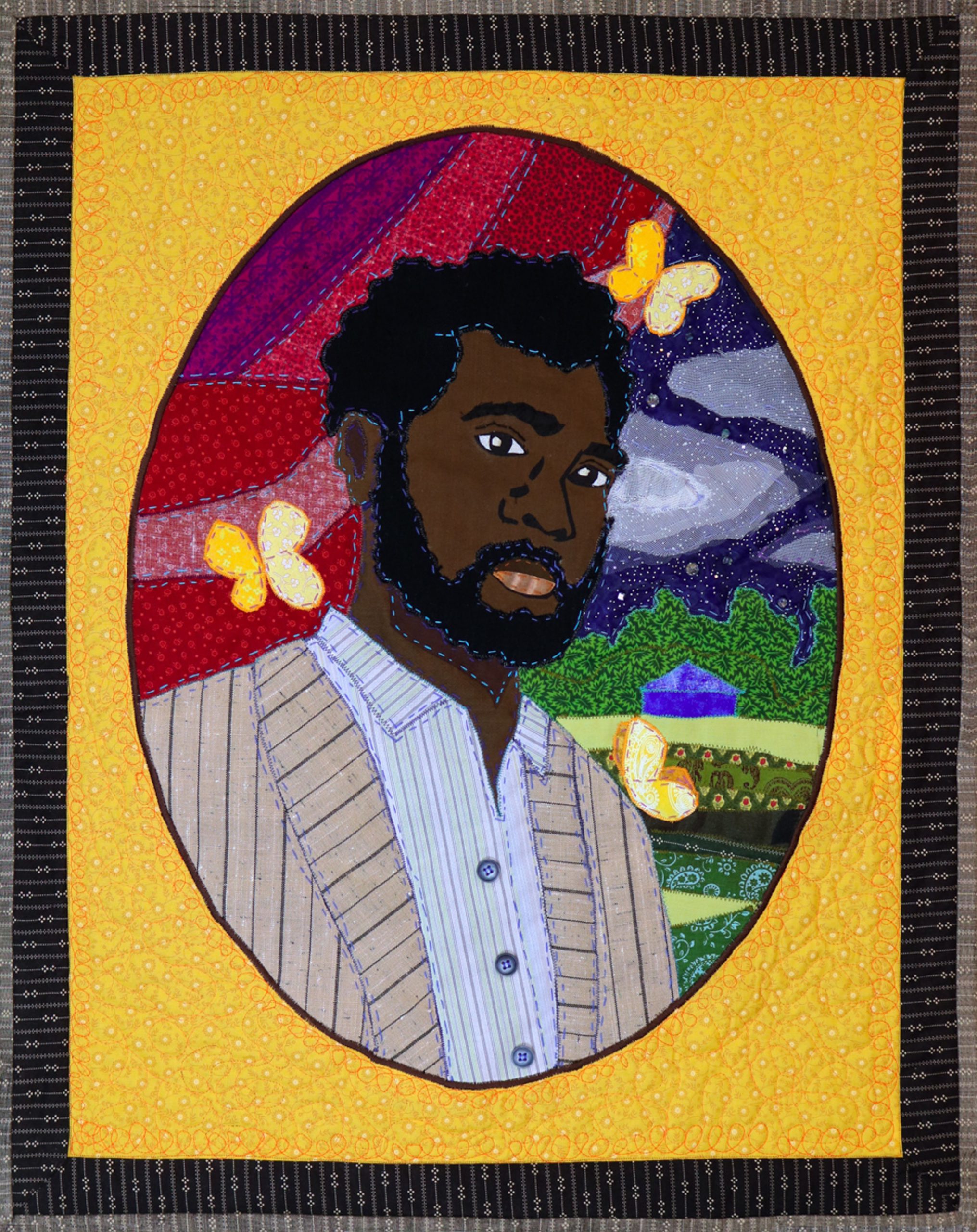 Stephen Towns, Let Not Man Put Asunder: Portrait of Nat Turner, 2018.   Natural and synthetic fabric, nylon tulle, polyester and cotton thread, metallic thread, crystal glass beads, resin buttons. 30 x 24 inches. Courtesy of the artist.