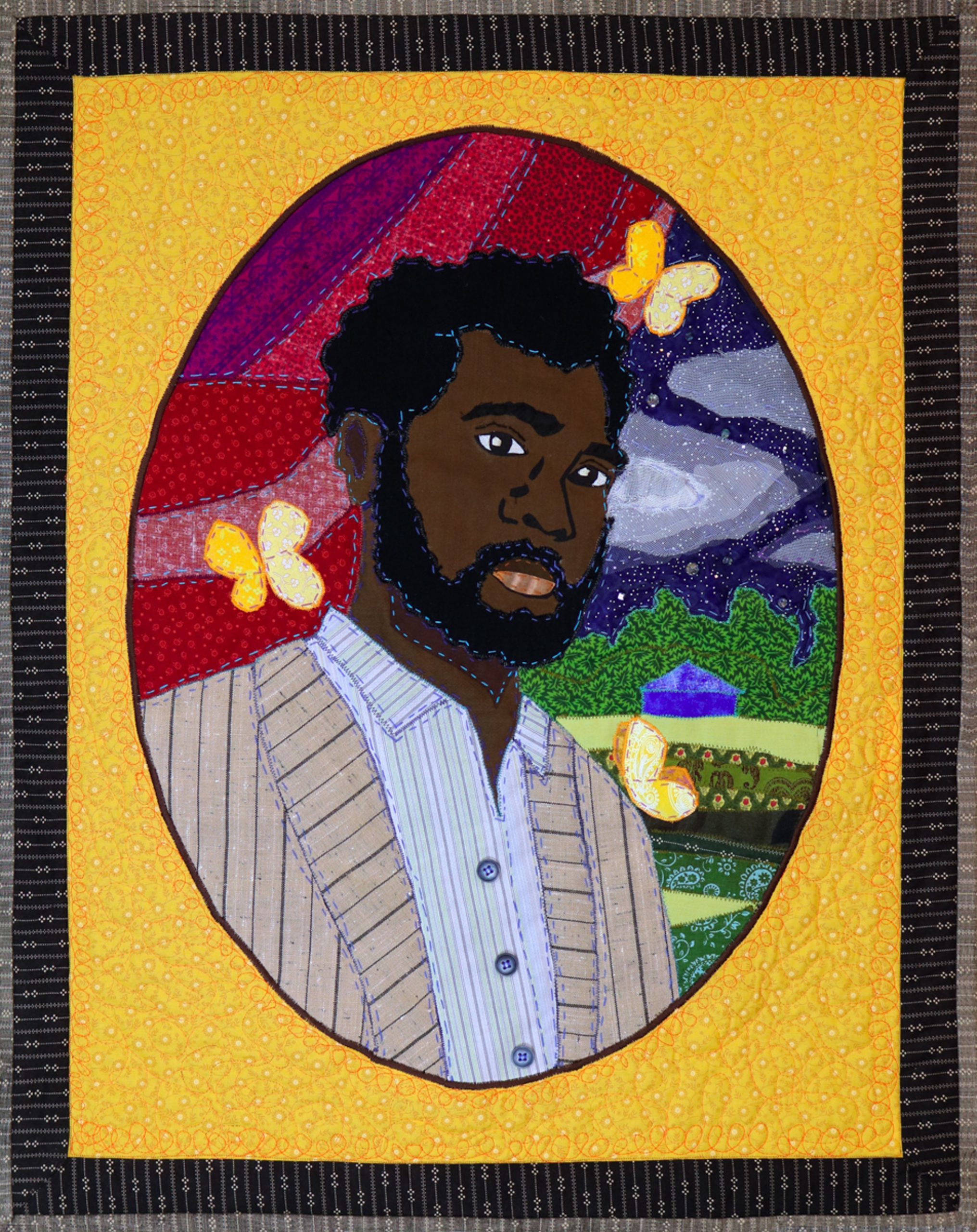 Stephen Towns, Let Not Man Put Asunder: Retrato de Nat Turner, 2018. Tejido natural y sintético, tul de nailon, hilo de poliéster y algodón, hilo metálico, cuentas de cristal, botones de resina. 30 x 24 pulgadas. Cortesía del artista.