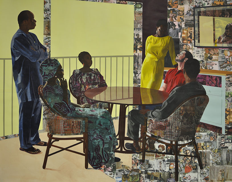 Njideka Akunyili Crosby, I Still Face You, 2015. Acrílico, carboncillo, lápices de colores, collage y calcomanías sobre papel. 84 x 105 pulgadas. Cortesía del artista y Victoria Miro, Londres.