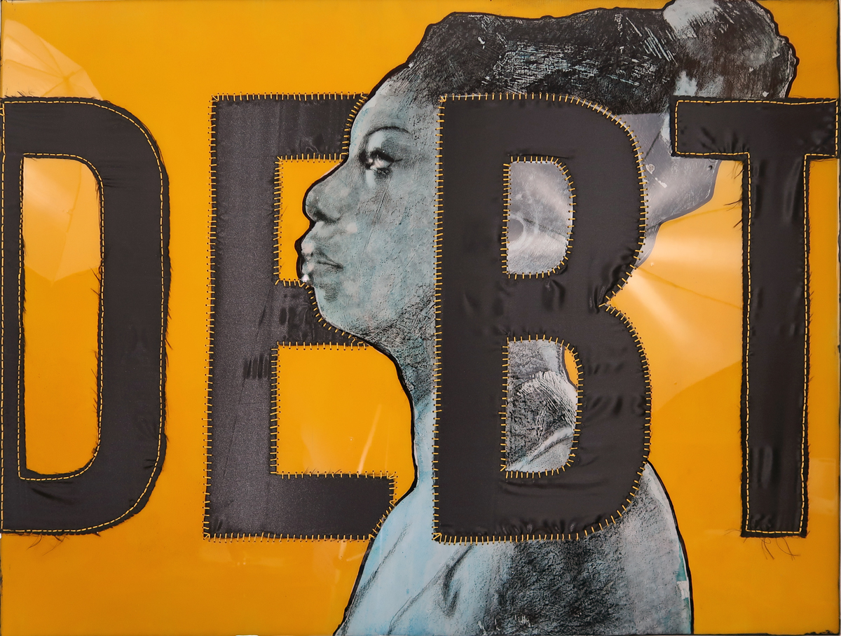 April Bey, DEBT (Nina Simone, No Fear), 2018. Dibujo en técnica mixta, resina epoxi, satén negro cosido a mano. 30 x 40 pulgadas.