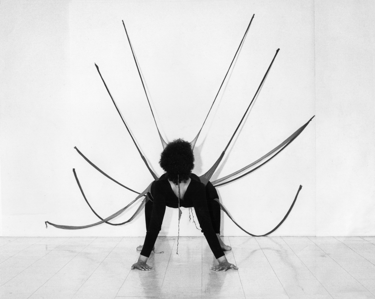 Senga Nengudi, Performance Piece, 1978. Black and white photographs. Framed: 41 × 32 1/2 × 1 3/4 in. -2 works; Framed: 32 1/2 × 41 × 1 3/4 in. -1 work. Courtesy of the artist; Thomas Erben Gallery, New York; and Lévy Gorvy, New York, London.