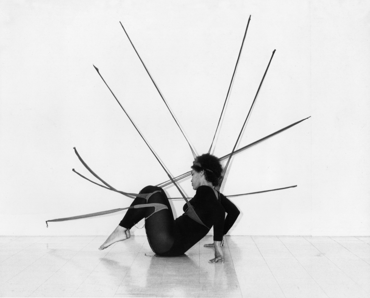 Senga Nengudi, Performance Piece, 1978. Black and white photographs. Framed: 41 × 32 1/2 × 1 3/4 in. -2 works; Framed: 32 1/2 × 41 × 1 3/4 in. -1 work. Courtesy of the artist; Thomas Erben Gallery, New York; and Lévy Gorvy, New York, London.