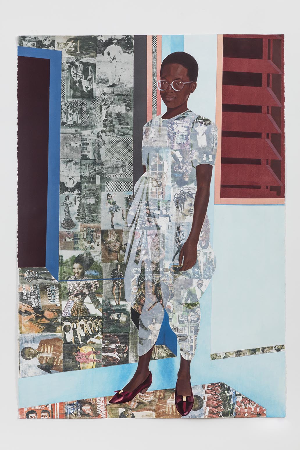 Njideka Akunyili Crosby, The Beautyful Ones no.1, 2015. Acrílico, pastel, lápices de colores y calcomanías Xerox sobre papel. 60 x 42 pulgadas. Cortesía del artista y Victoria Miro, Londres. Foto de Jason Wyche.