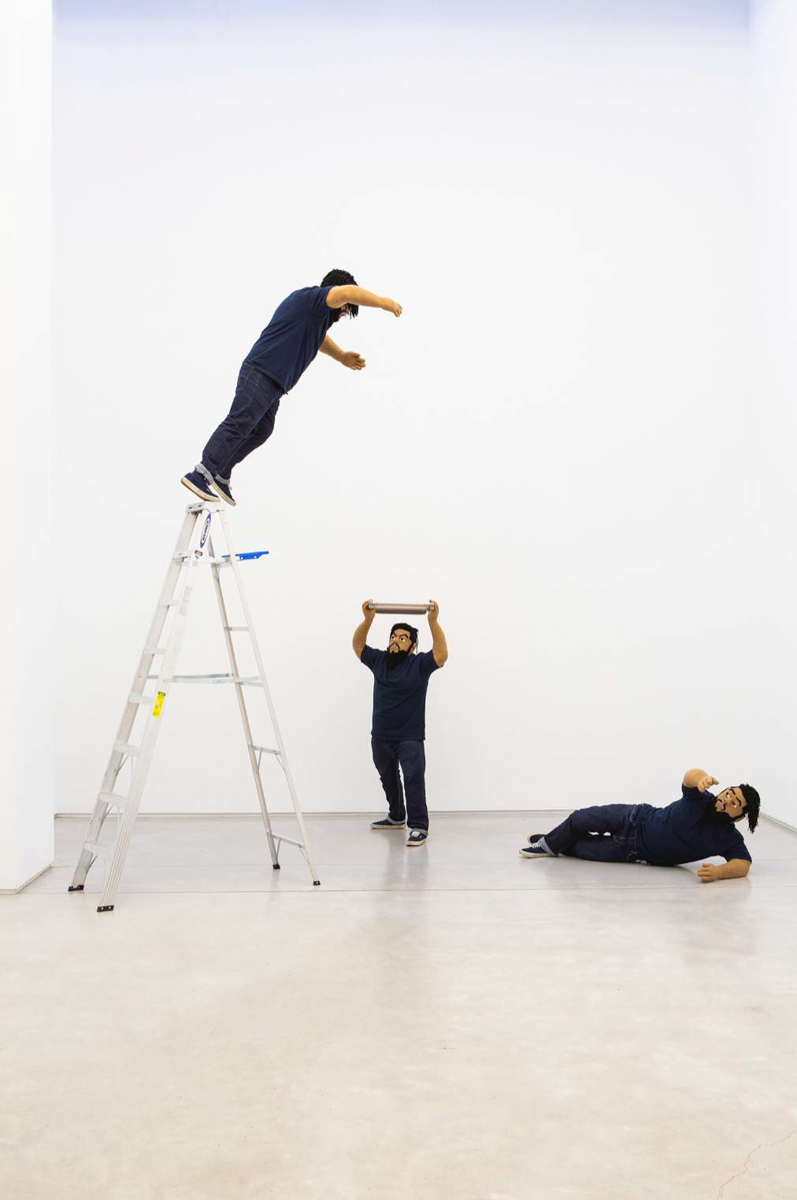 Luis Flores, Thunder and Glory, 2019. Yarn, AAA t-shirt, Levi's jeans, Vans shoes, socks, chair, and ladder. Courtesy of the artist and Salon 94, New York.