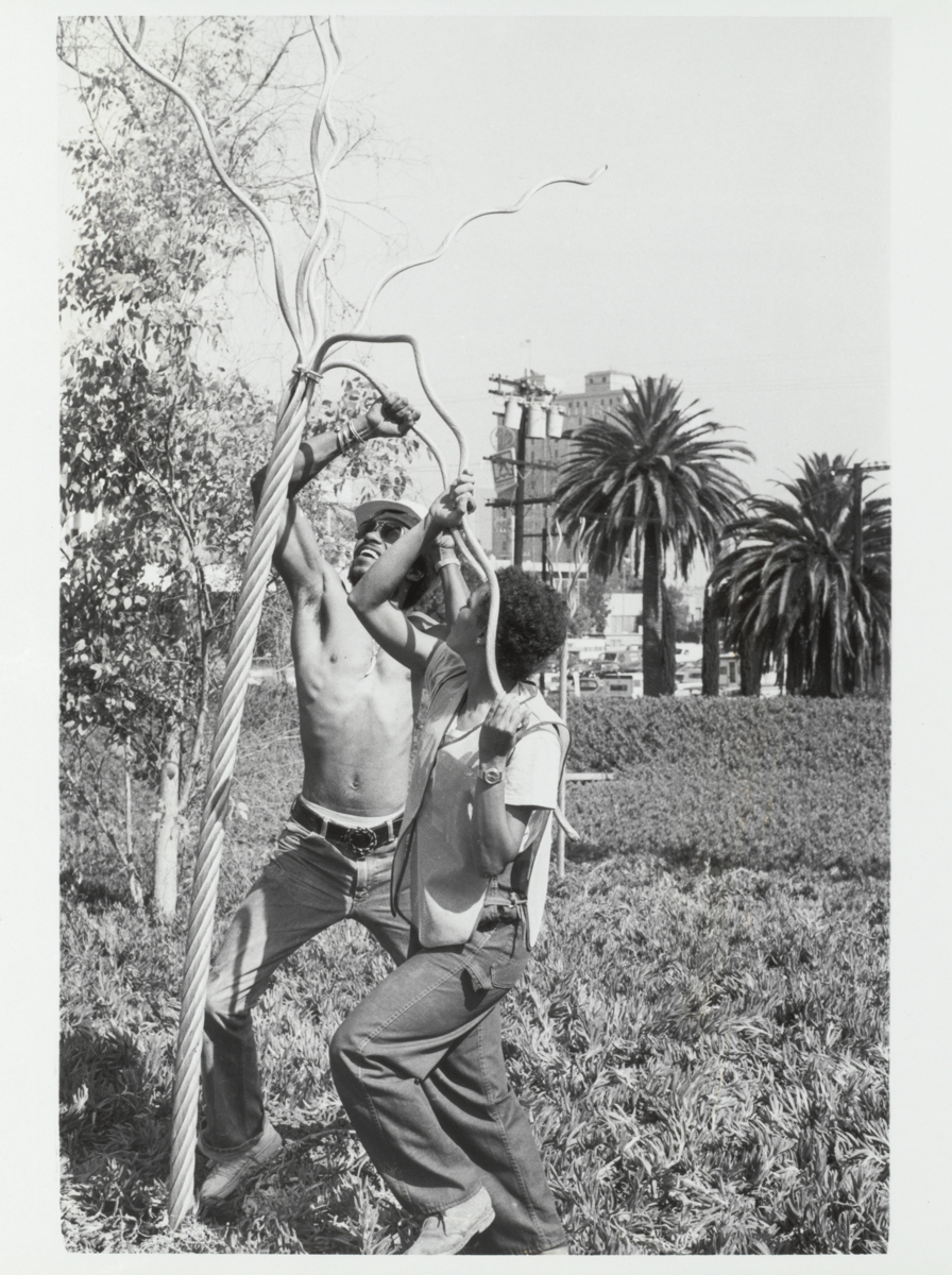 Maren Hassinger, Twelve Trees, 1979. Four black and white photographs. Three framed horizontal images: 12 ¼ x 15 ¼ x 1 ¼ inches and one framed vertical image: 15 ¼ x 12 ¼ x 1 ¼ inches. Courtesy of the Artist.