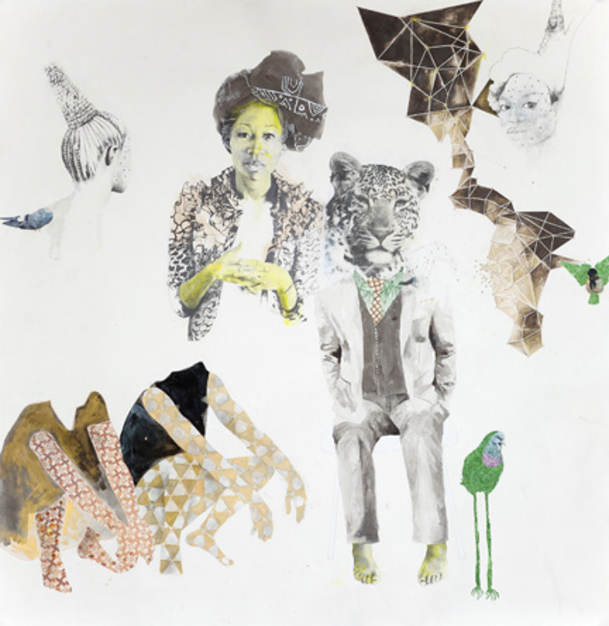 ruby onyinyechi amanze, kindred, 2014。石墨、墨水、颜料、珐琅、照片转印和纸上闪光，80 x 78 英寸。照片由艺术家和伦敦 Tiwani Contemporary 提供。