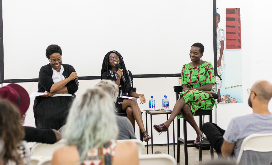 In Conversation: Njideka Akunyili Crosby and Akosua Adoma Owusu Moderated by Jamillah James at Art + Practice, Los Angeles. September 24, 2015. Photo by Elon Schoenholz.