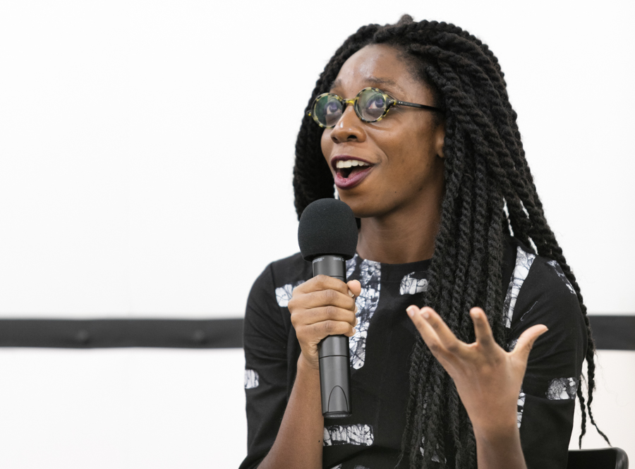 In Conversation: Njideka Akunyili Crosby and Akosua Adoma Owusu Moderated by Jamillah James at Art + Practice, Los Angeles. September 24, 2015. Photo by Elon Schoenholz.